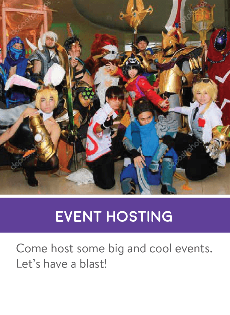 Group in colourful costumes at a hosted event