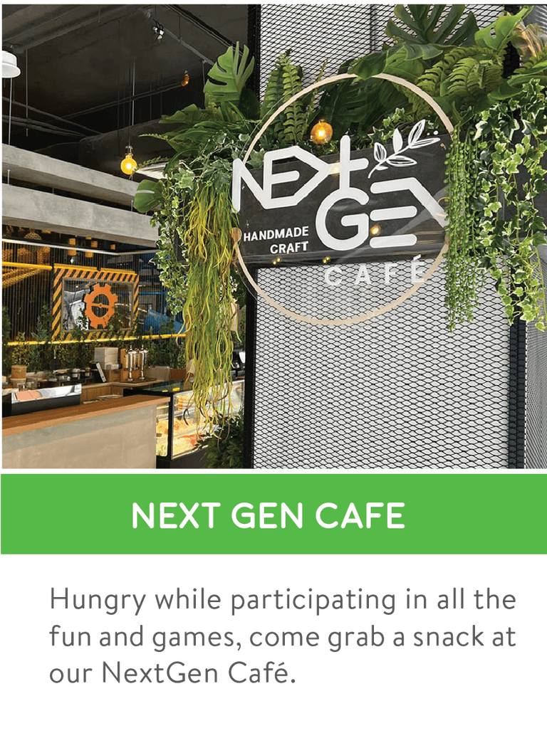 Next Gen Cafe surrounded by greenery inside the theme park